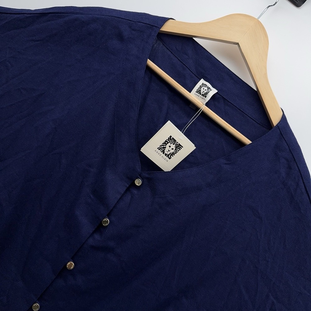 Anne Klein Shirt Womens XL Navy Blue Linen Blend Tie Front Button Dolman Top NWT